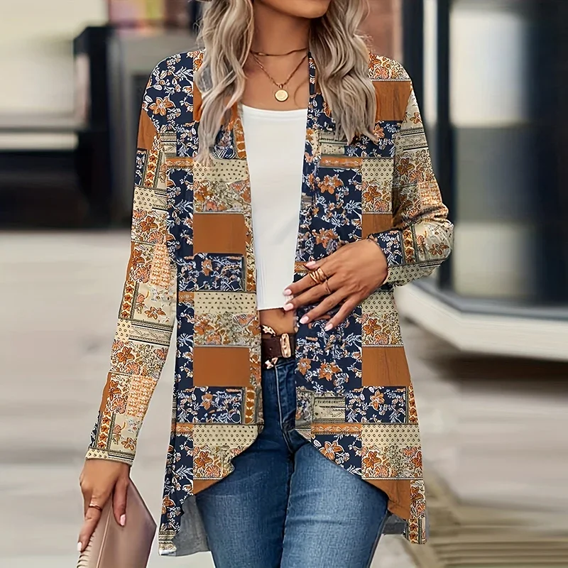 Elegant Cardigan For Women's Coats Fashion Women Jacket Turn Down Collar Vintage Print Jackets For Women Casual Loose Thin Tops