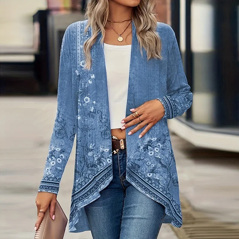 Elegant Cardigan For Women's Coats Fashion Women Jacket Turn Down Collar Vintage Print Jackets For Women Casual Loose Thin Tops