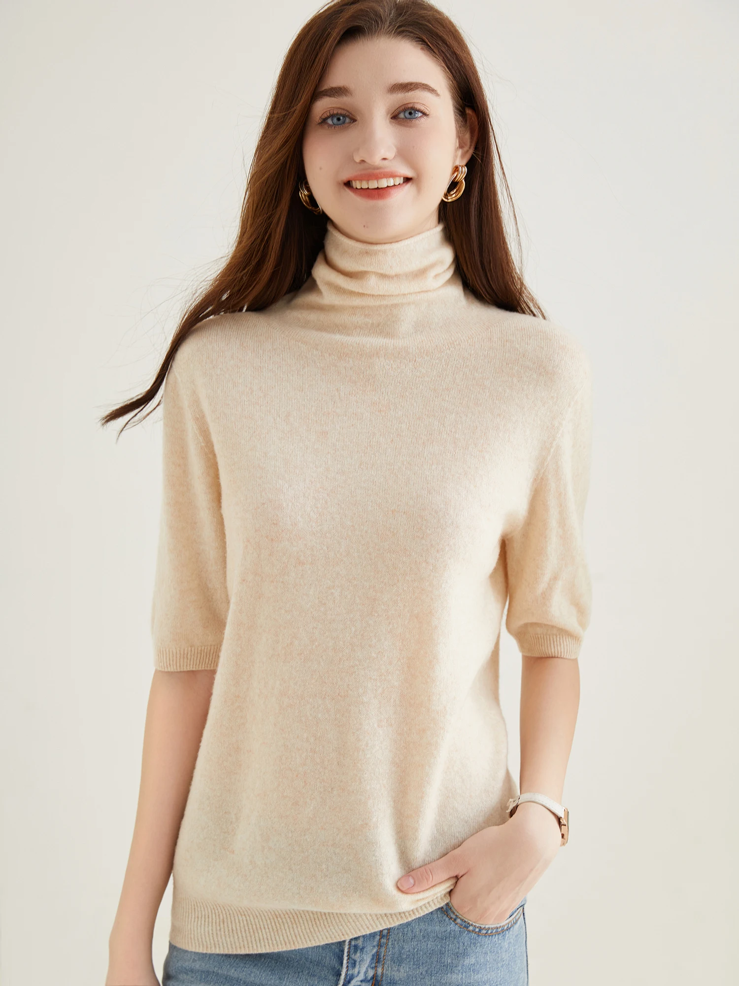 Women's Knit Tops Short Sleeve Fashion Women Sweaters New 100% Merino Wool Knitwears Vintage Sweater Turtleneck Pullover Clothes