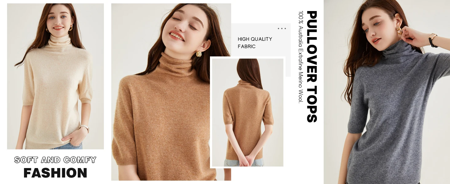 Women's Knit Tops Short Sleeve Fashion Women Sweaters New 100% Merino Wool Knitwears Vintage Sweater Turtleneck Pullover Clothes