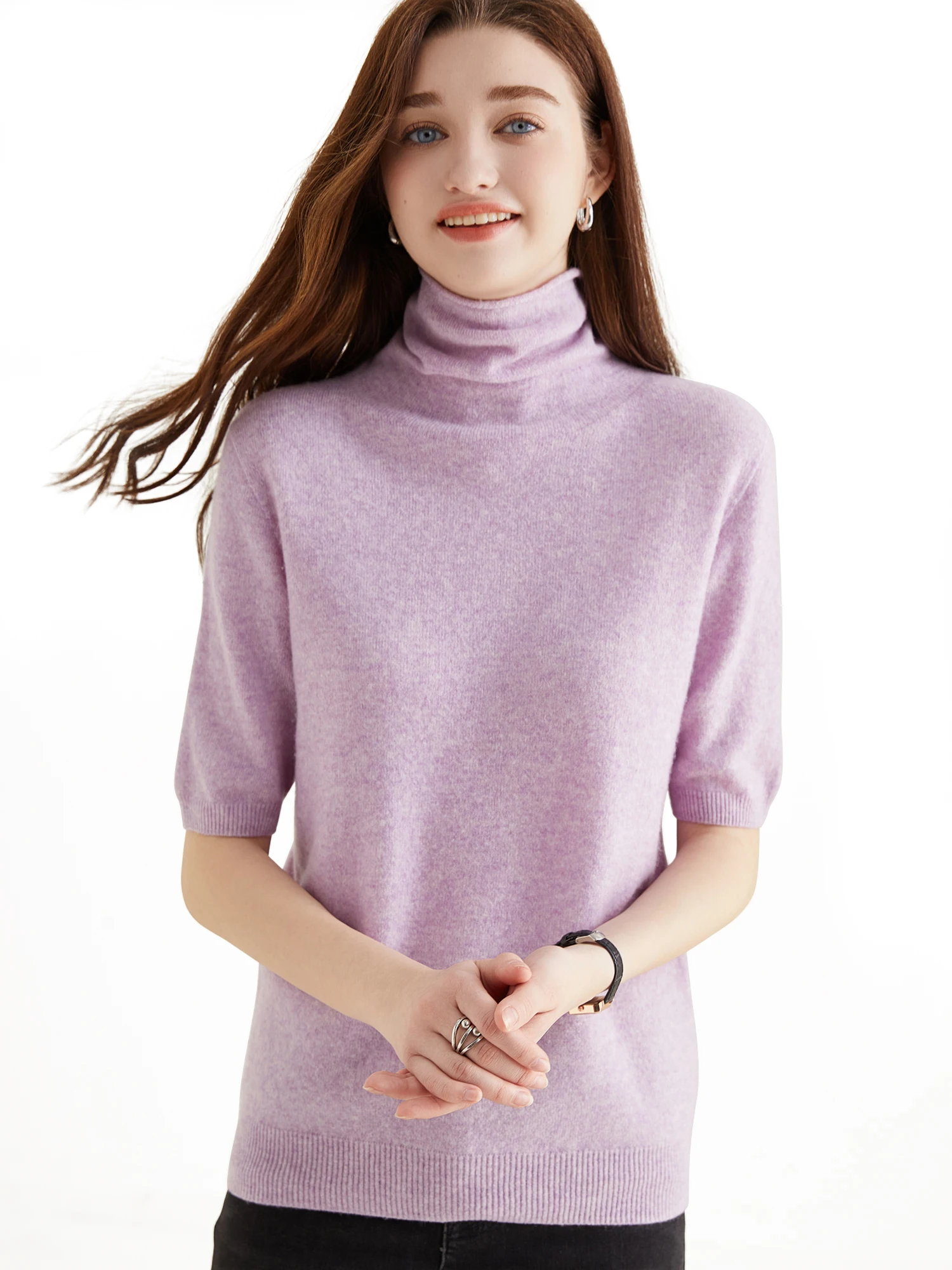 Women's Knit Tops Short Sleeve Fashion Women Sweaters New 100% Merino Wool Knitwears Vintage Sweater Turtleneck Pullover Clothes