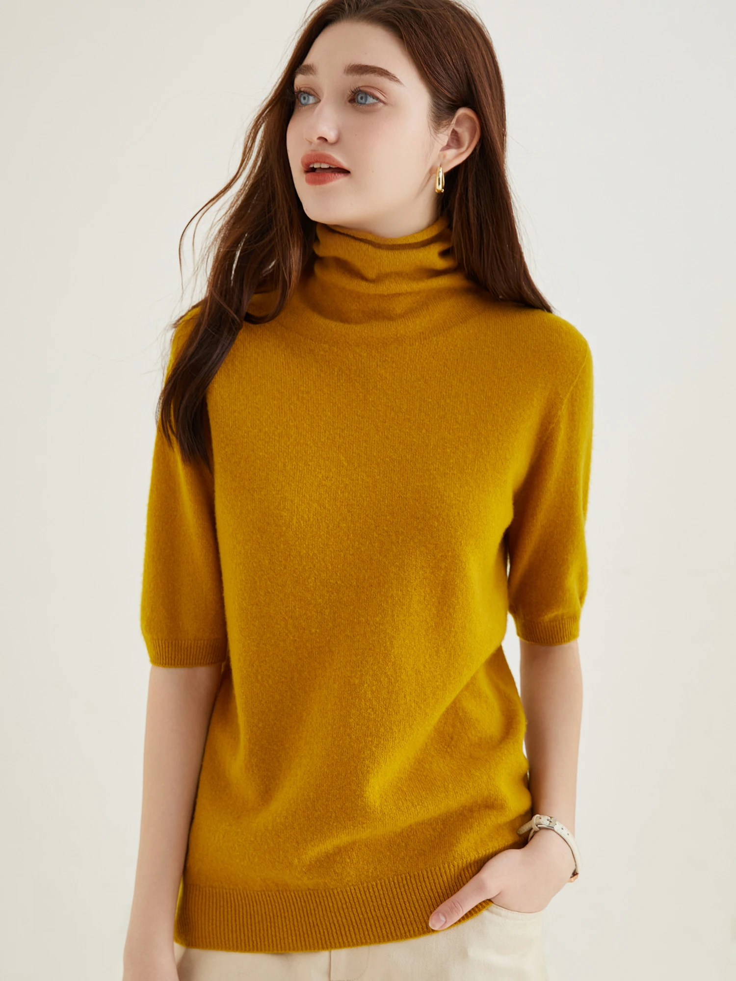 Women's Knit Tops Short Sleeve Fashion Women Sweaters New 100% Merino Wool Knitwears Vintage Sweater Turtleneck Pullover Clothes