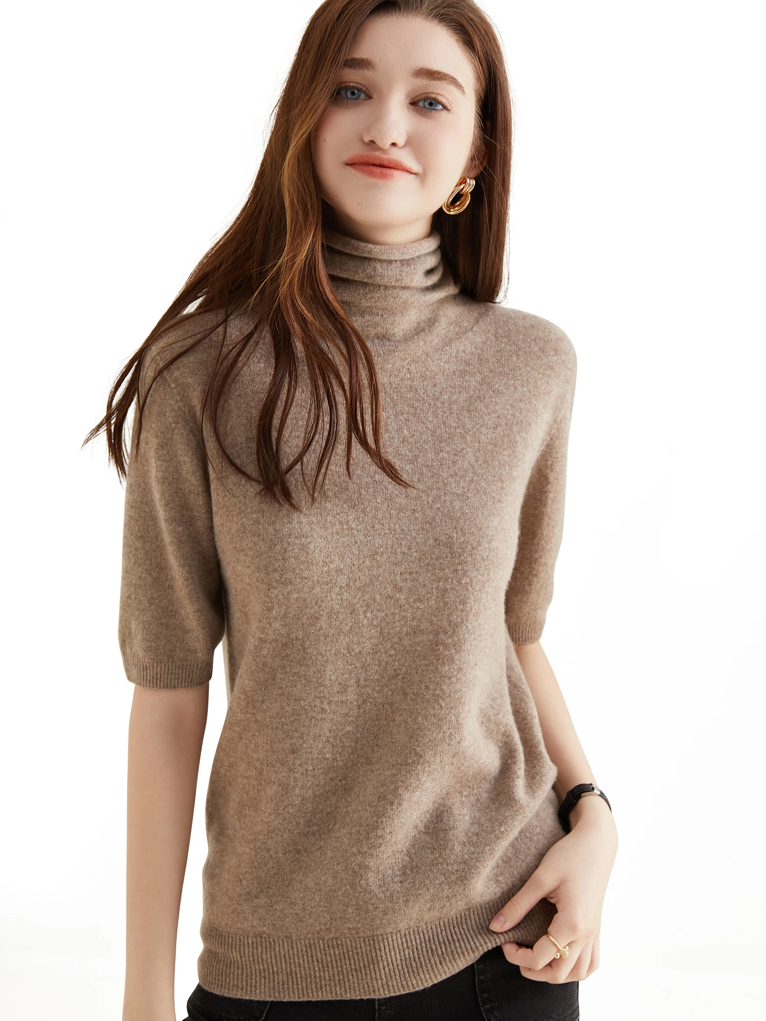Women's Knit Tops Short Sleeve Fashion Women Sweaters New 100% Merino Wool Knitwears Vintage Sweater Turtleneck Pullover Clothes
