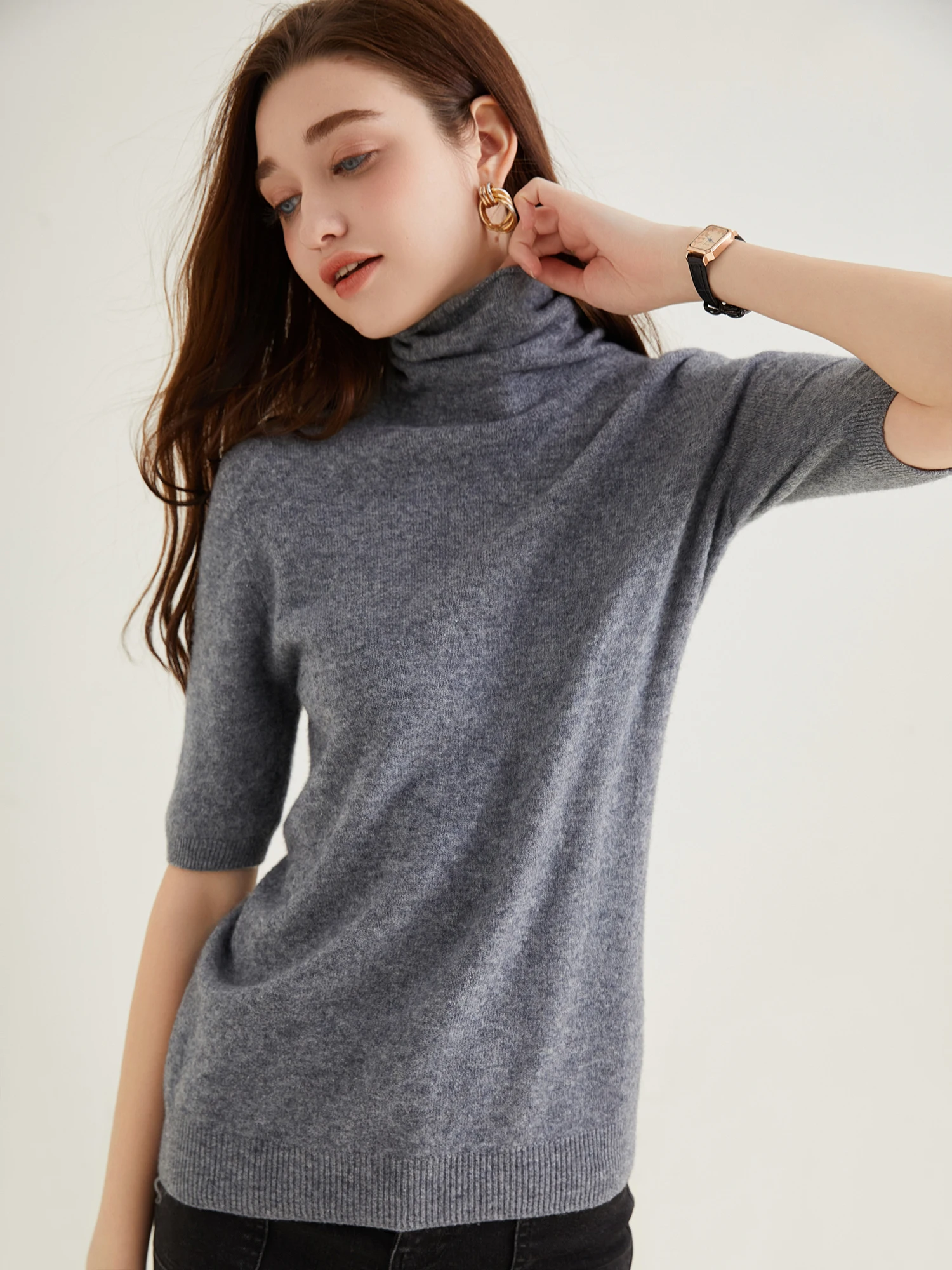 Women's Knit Tops Short Sleeve Fashion Women Sweaters New 100% Merino Wool Knitwears Vintage Sweater Turtleneck Pullover Clothes
