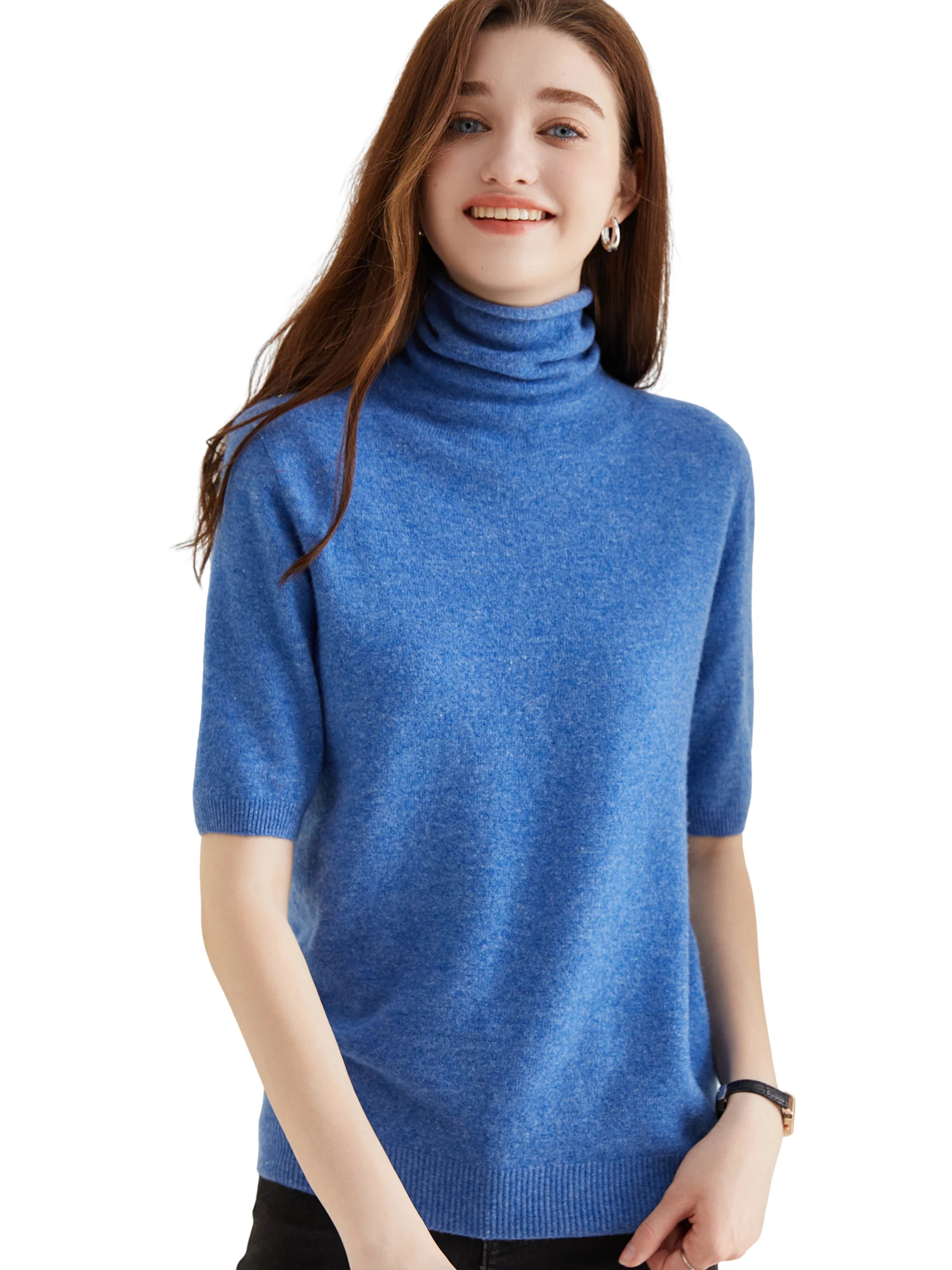 Women's Knit Tops Short Sleeve Fashion Women Sweaters New 100% Merino Wool Knitwears Vintage Sweater Turtleneck Pullover Clothes
