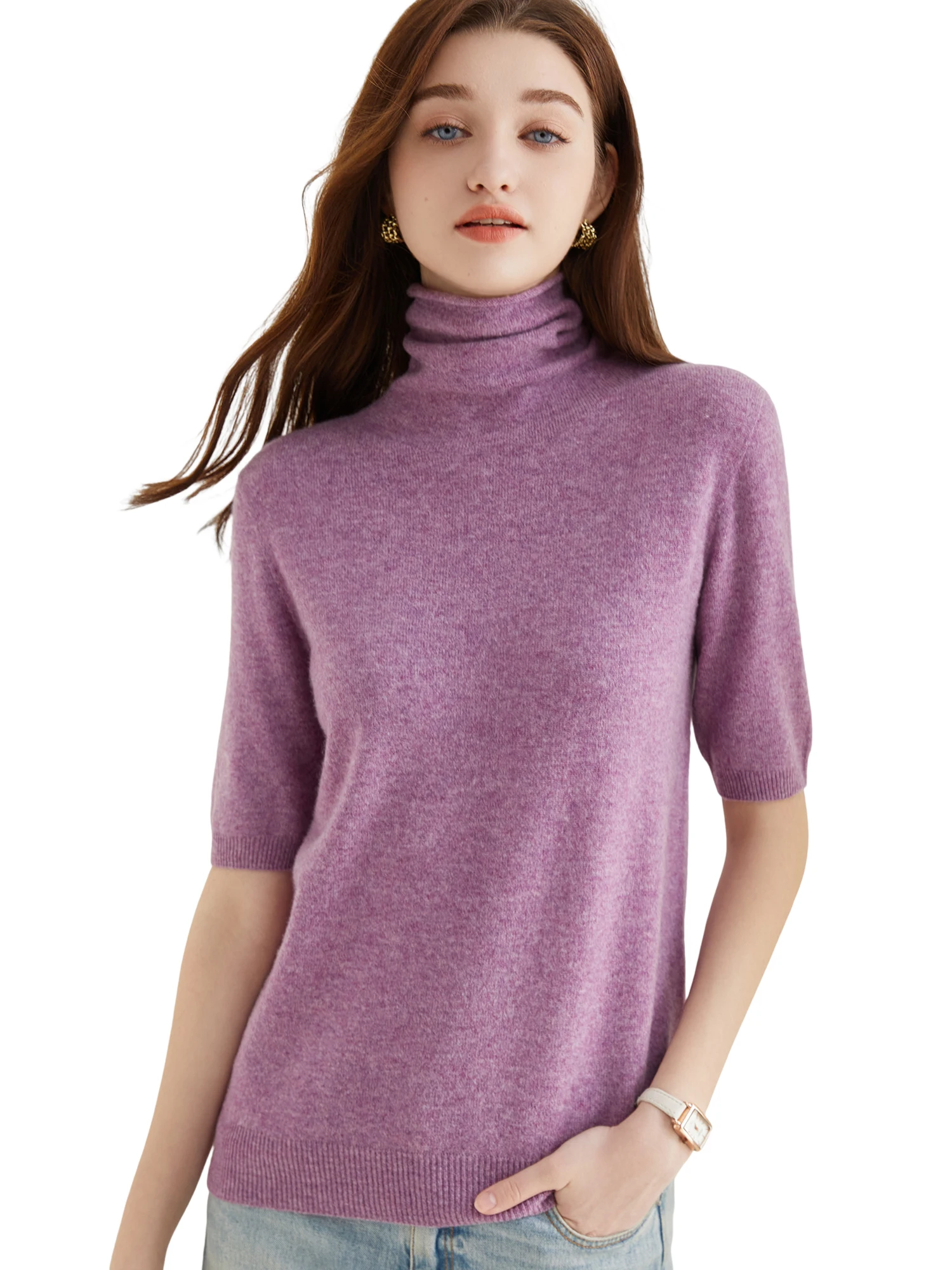 Women's Knit Tops Short Sleeve Fashion Women Sweaters New 100% Merino Wool Knitwears Vintage Sweater Turtleneck Pullover Clothes