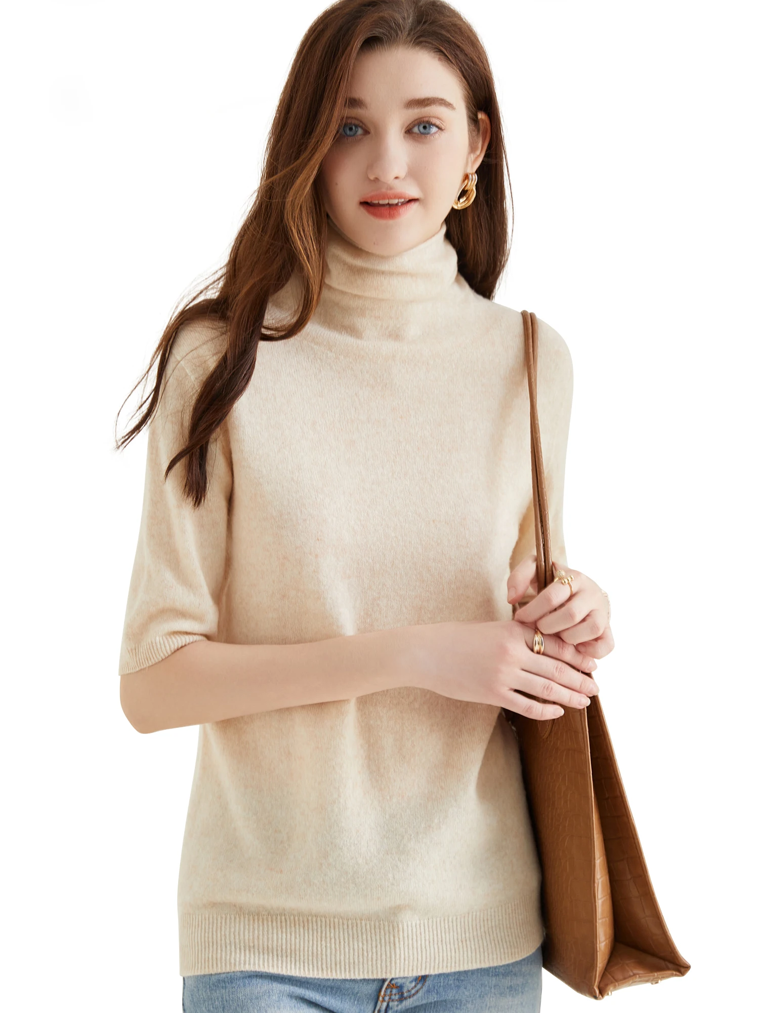 Women's Knit Tops Short Sleeve Fashion Women Sweaters New 100% Merino Wool Knitwears Vintage Sweater Turtleneck Pullover Clothes