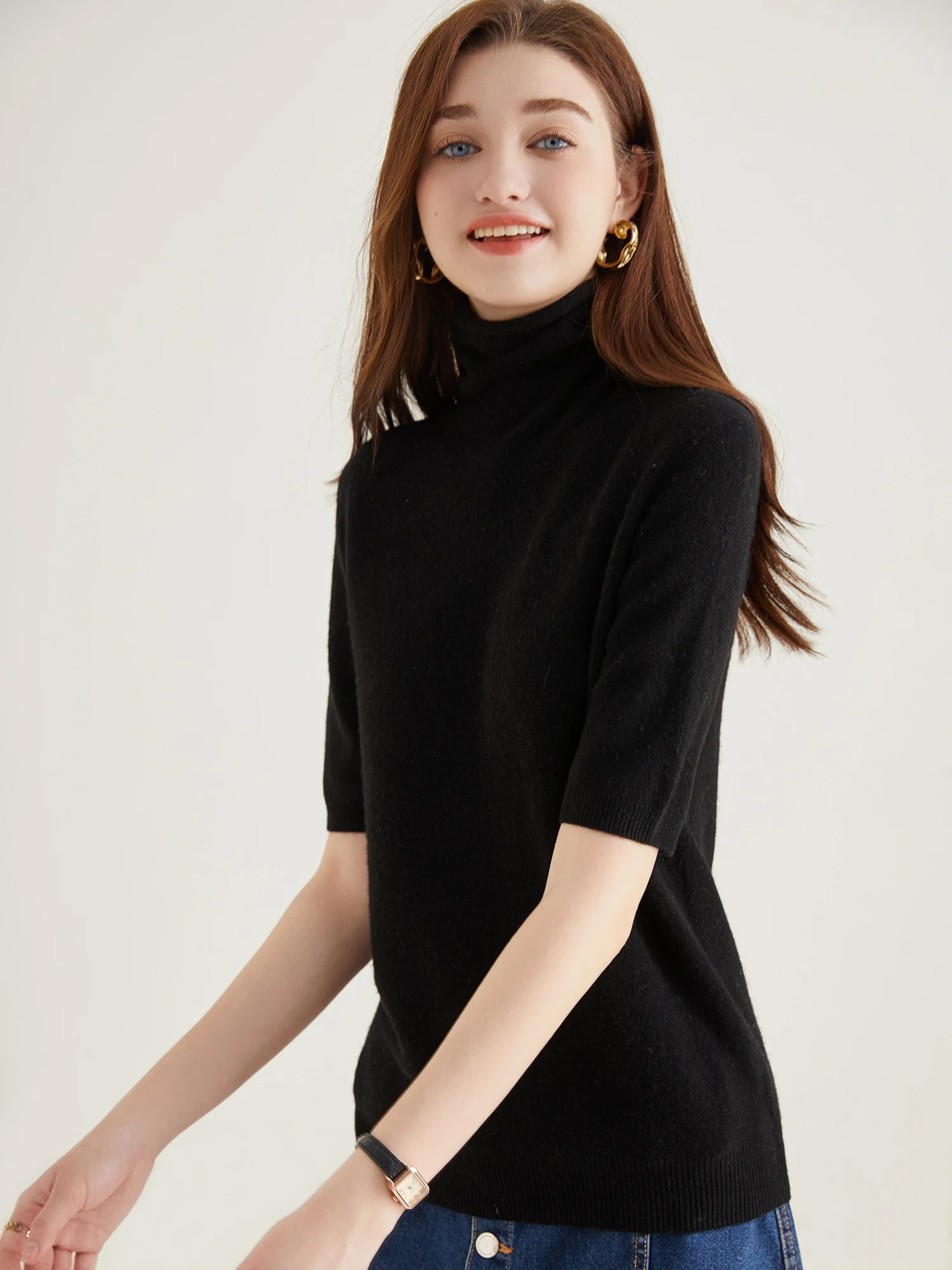 Women's Knit Tops Short Sleeve Fashion Women Sweaters New 100% Merino Wool Knitwears Vintage Sweater Turtleneck Pullover Clothes