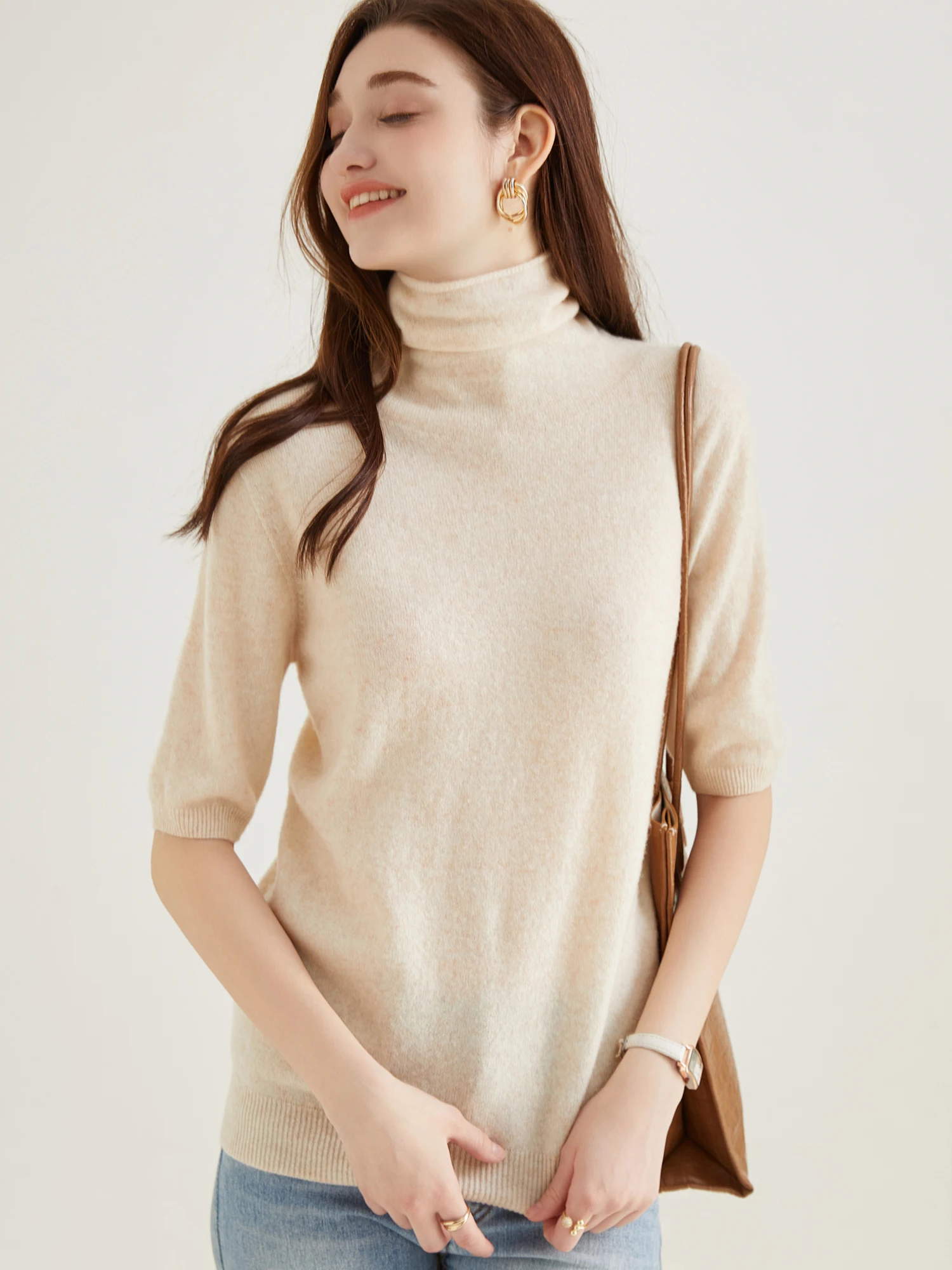 Women's Knit Tops Short Sleeve Fashion Women Sweaters New 100% Merino Wool Knitwears Vintage Sweater Turtleneck Pullover Clothes