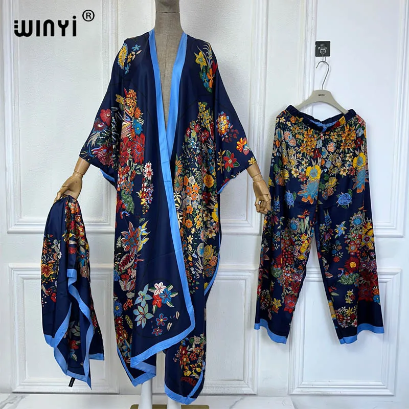 WINYI Middle East print kimonos 2 piece sets women outfit Long Cardigan And Wide Leg Pant Sets Pants Suits holiday beach cover u