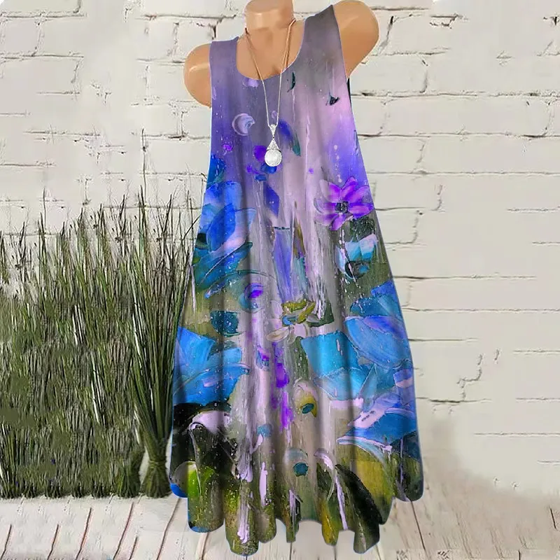 Hand-Painted 3D Print Women Fashion Mini Dresses Sleeveless Summer Loose Casual Short Dress Oversized Round-Neck Female Dress