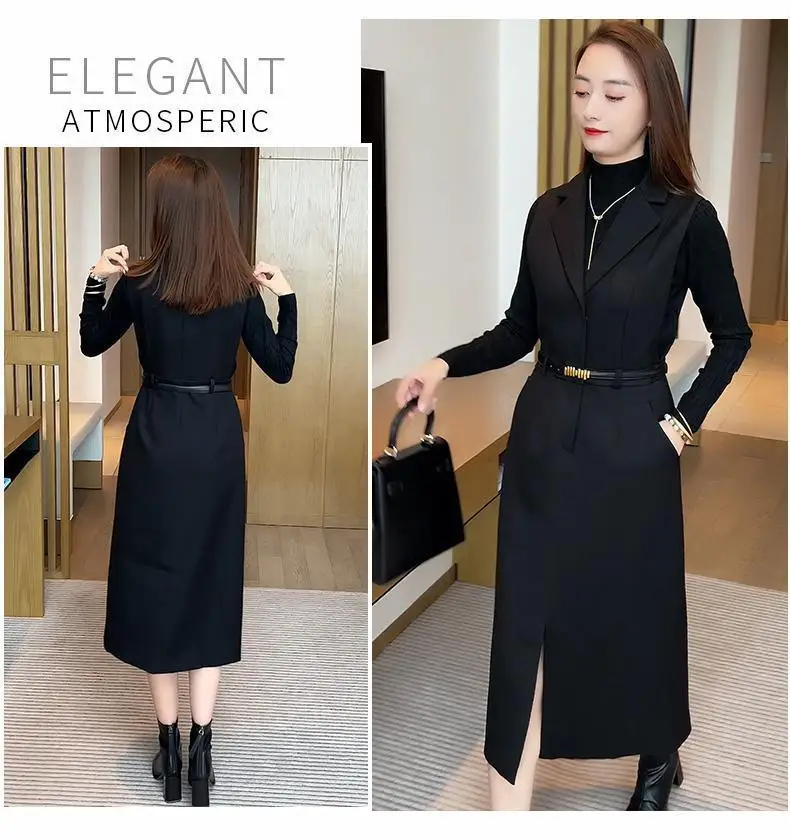 Mid Length Fashionable Suit Dress for Women's 2024 Spring and Autumn New Sweater Vest Dress Temperament Two-piece Set