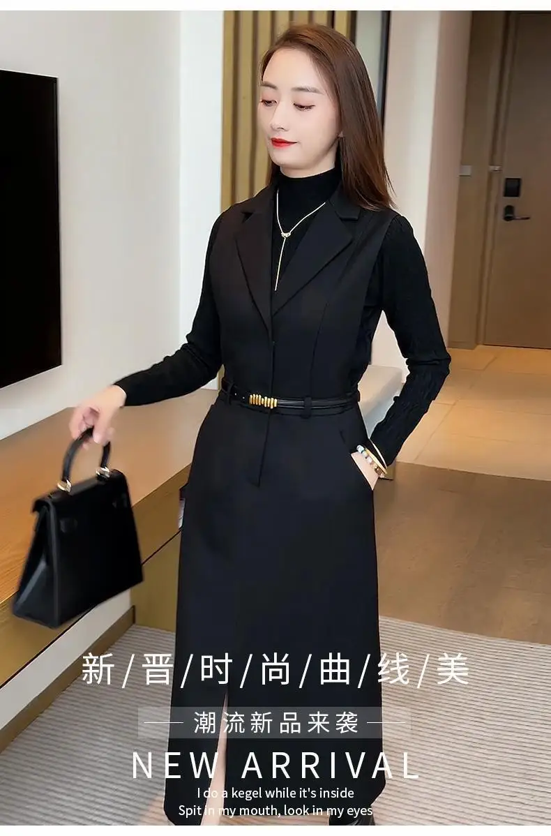 Mid Length Fashionable Suit Dress for Women's 2024 Spring and Autumn New Sweater Vest Dress Temperament Two-piece Set