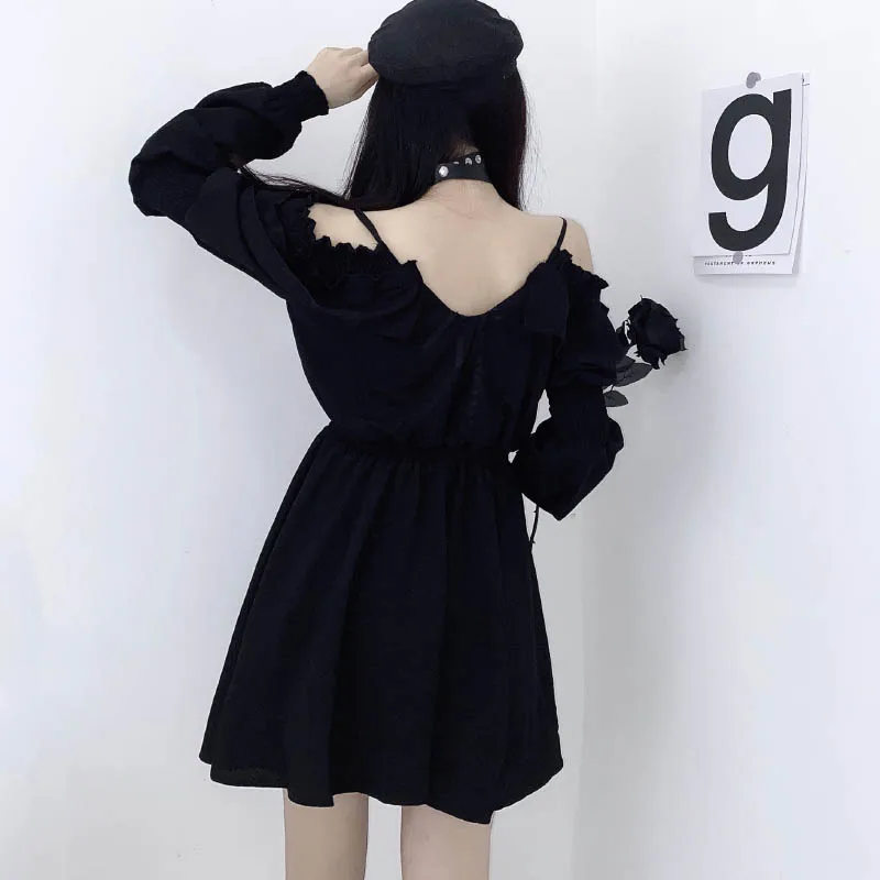 JMPRS Large Size Gothic Women Black Mini Dress Sexy Off Shoulder High Waist Tunic Ladies Party Dress Long Sleeve V Neck Vestidos