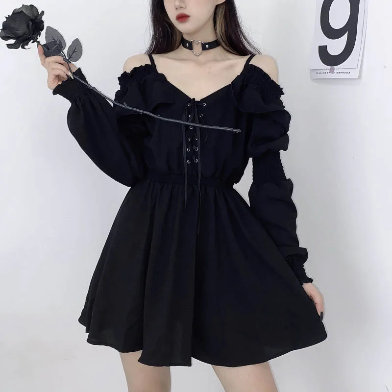 JMPRS Large Size Gothic Women Black Mini Dress Sexy Off Shoulder High Waist Tunic Ladies Party Dress Long Sleeve V Neck Vestidos