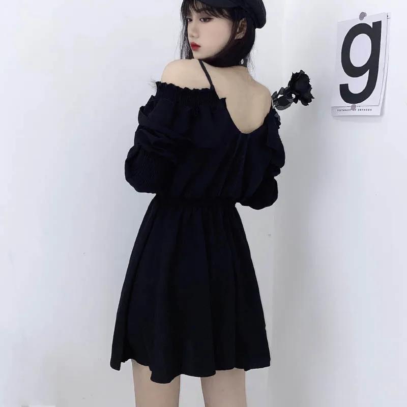 JMPRS Large Size Gothic Women Black Mini Dress Sexy Off Shoulder High Waist Tunic Ladies Party Dress Long Sleeve V Neck Vestidos