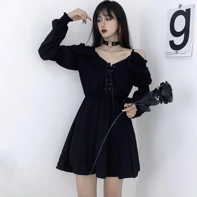 JMPRS Large Size Gothic Women Black Mini Dress Sexy Off Shoulder High Waist Tunic Ladies Party Dress Long Sleeve V Neck Vestidos