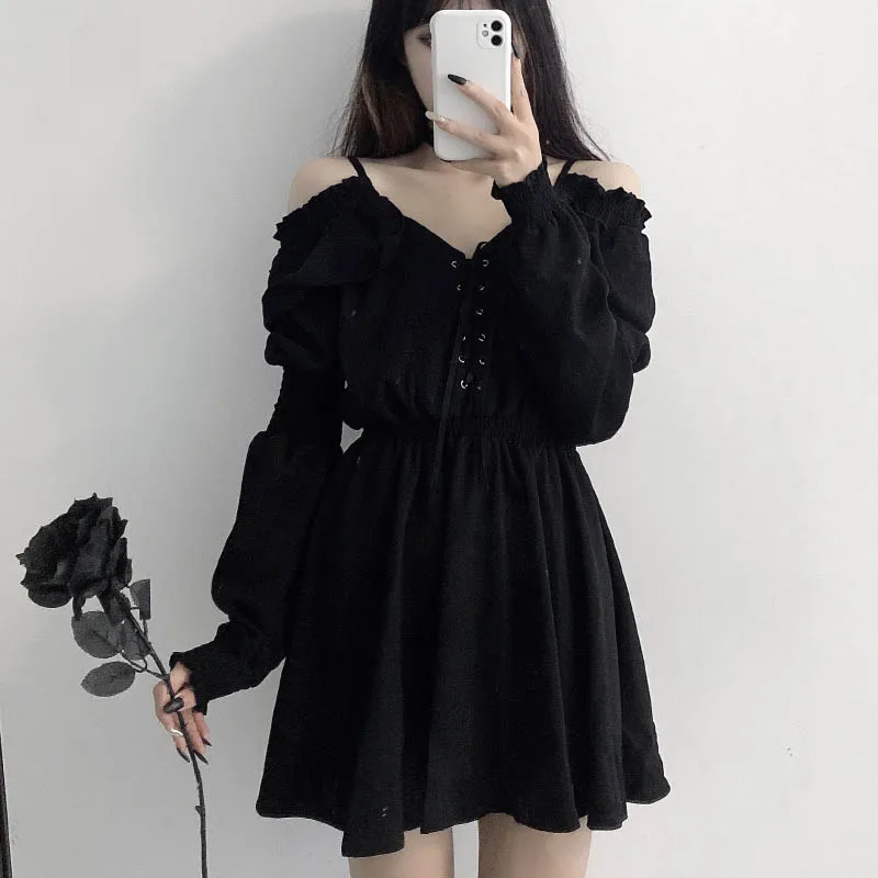 JMPRS Large Size Gothic Women Black Mini Dress Sexy Off Shoulder High Waist Tunic Ladies Party Dress Long Sleeve V Neck Vestidos