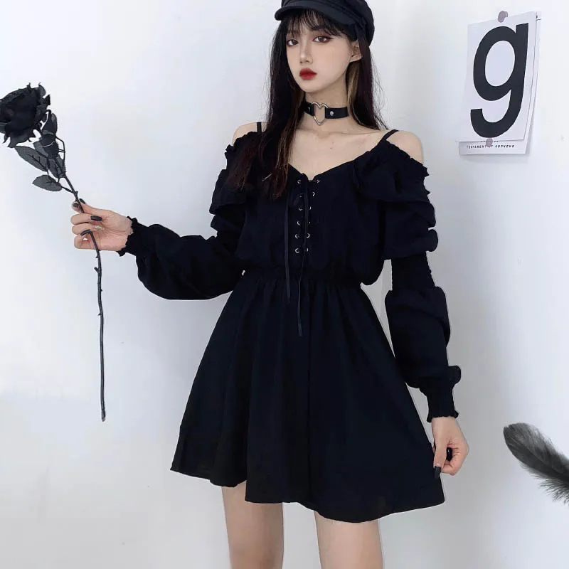 JMPRS Large Size Gothic Women Black Mini Dress Sexy Off Shoulder High Waist Tunic Ladies Party Dress Long Sleeve V Neck Vestidos