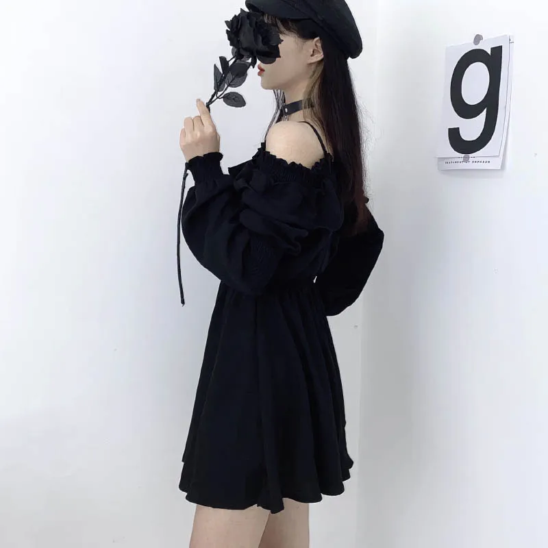 JMPRS Large Size Gothic Women Black Mini Dress Sexy Off Shoulder High Waist Tunic Ladies Party Dress Long Sleeve V Neck Vestidos