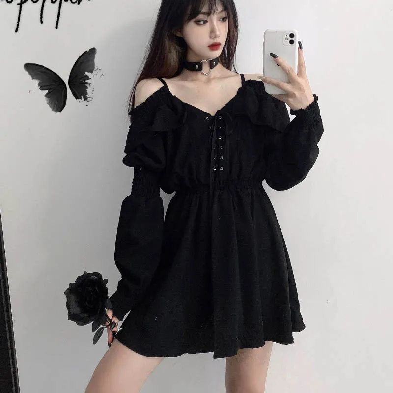 JMPRS Large Size Gothic Women Black Mini Dress Sexy Off Shoulder High Waist Tunic Ladies Party Dress Long Sleeve V Neck Vestidos