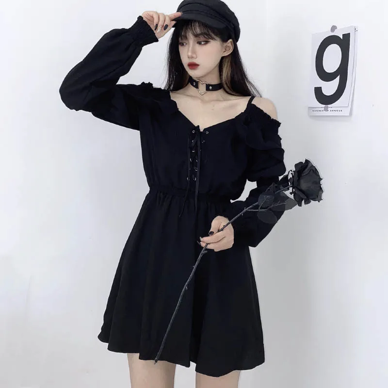 JMPRS Large Size Gothic Women Black Mini Dress Sexy Off Shoulder High Waist Tunic Ladies Party Dress Long Sleeve V Neck Vestidos