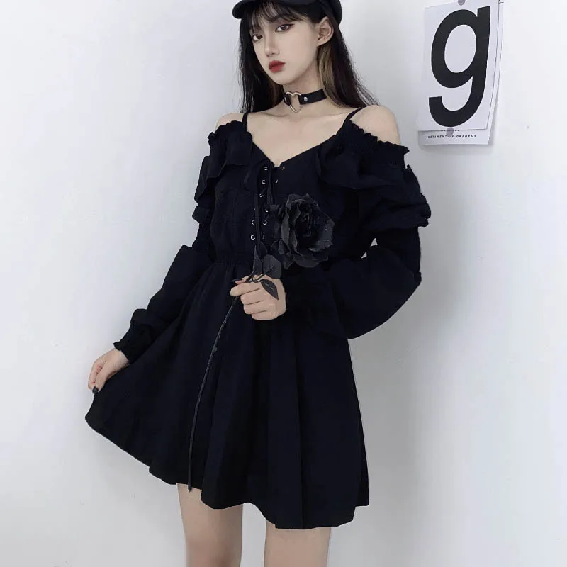JMPRS Large Size Gothic Women Black Mini Dress Sexy Off Shoulder High Waist Tunic Ladies Party Dress Long Sleeve V Neck Vestidos