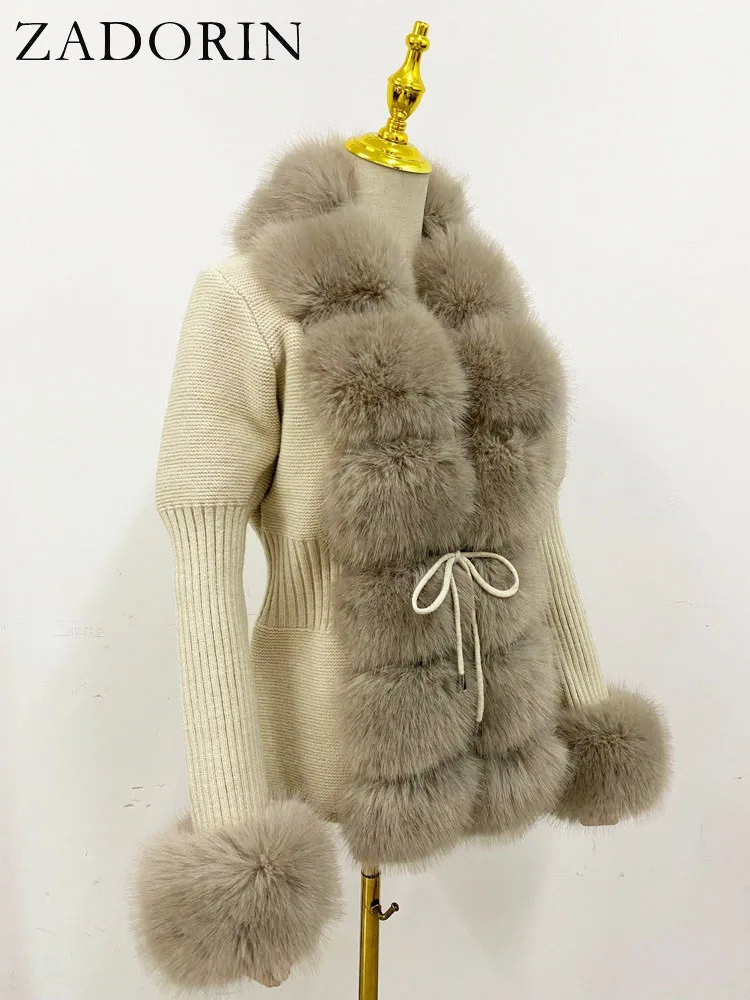 ZADORIN Luxury Fur Cardigan Knit Winter Sweater Women Elegant Detachable Fur Belt White Pink Black Womens Cardigan Korea Style