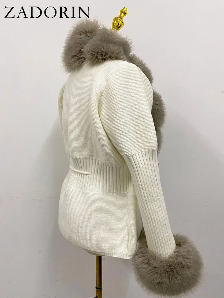 ZADORIN Luxury Fur Cardigan Knit Winter Sweater Women Elegant Detachable Fur Belt White Pink Black Womens Cardigan Korea Style