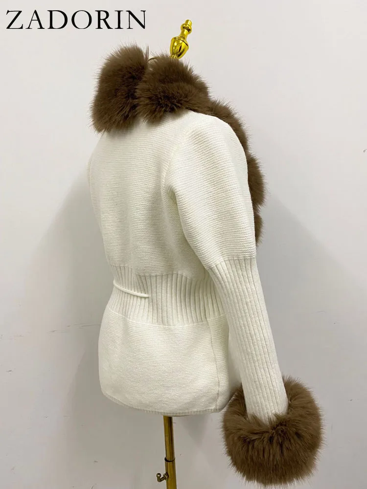 ZADORIN Luxury Fur Cardigan Knit Winter Sweater Women Elegant Detachable Fur Belt White Pink Black Womens Cardigan Korea Style