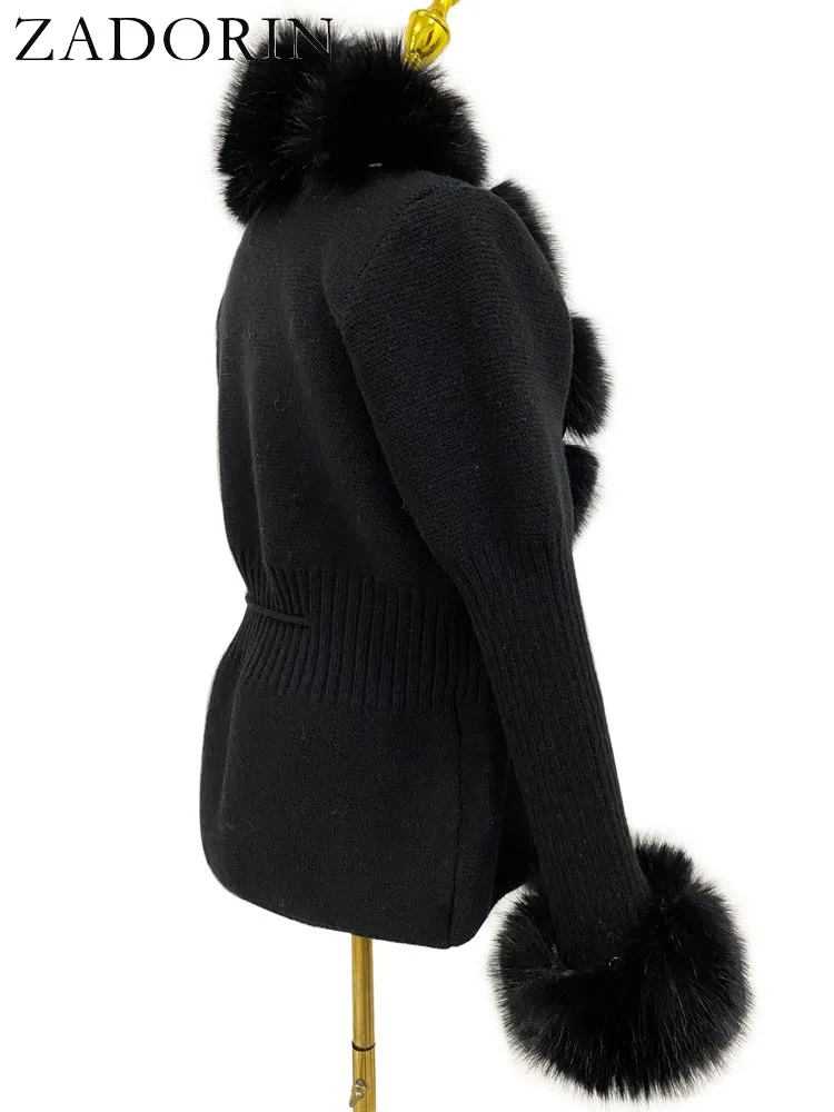 ZADORIN Luxury Fur Cardigan Knit Winter Sweater Women Elegant Detachable Fur Belt White Pink Black Womens Cardigan Korea Style