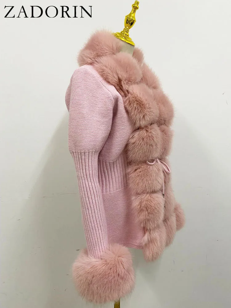 ZADORIN Luxury Fur Cardigan Knit Winter Sweater Women Elegant Detachable Fur Belt White Pink Black Womens Cardigan Korea Style