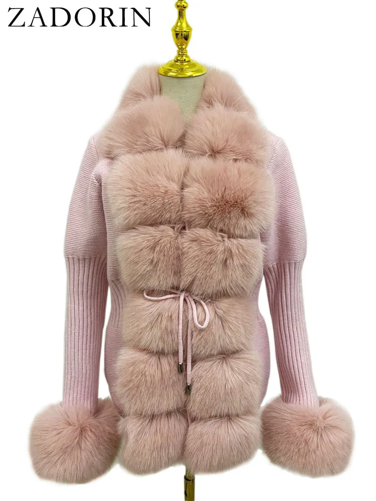 ZADORIN Luxury Fur Cardigan Knit Winter Sweater Women Elegant Detachable Fur Belt White Pink Black Womens Cardigan Korea Style