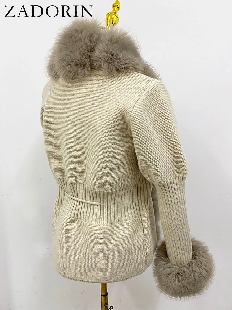 ZADORIN Luxury Fur Cardigan Knit Winter Sweater Women Elegant Detachable Fur Belt White Pink Black Womens Cardigan Korea Style