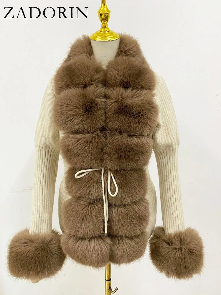 ZADORIN Luxury Fur Cardigan Knit Winter Sweater Women Elegant Detachable Fur Belt White Pink Black Womens Cardigan Korea Style