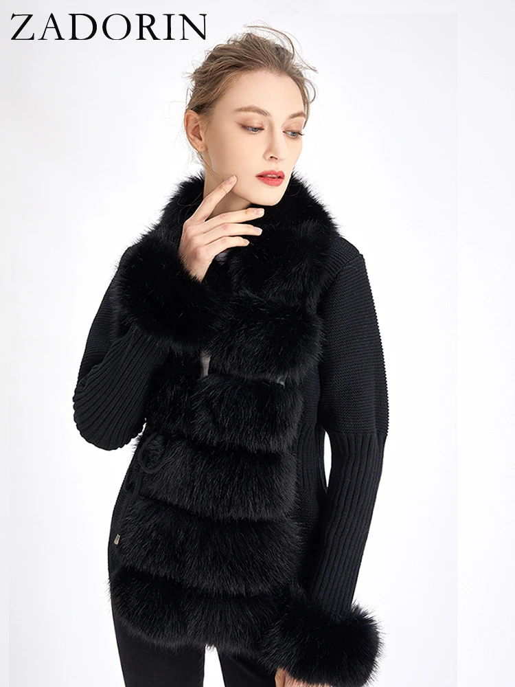 ZADORIN Luxury Fur Cardigan Knit Winter Sweater Women Elegant Detachable Fur Belt White Pink Black Womens Cardigan Korea Style