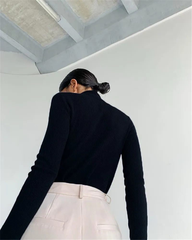 2021 Spring Autumn Sexy Knitted Turtleneck Top Women Hollow Out Casual Long Sleeve T Shirt New Fashion Slim Tops Lady Clothing