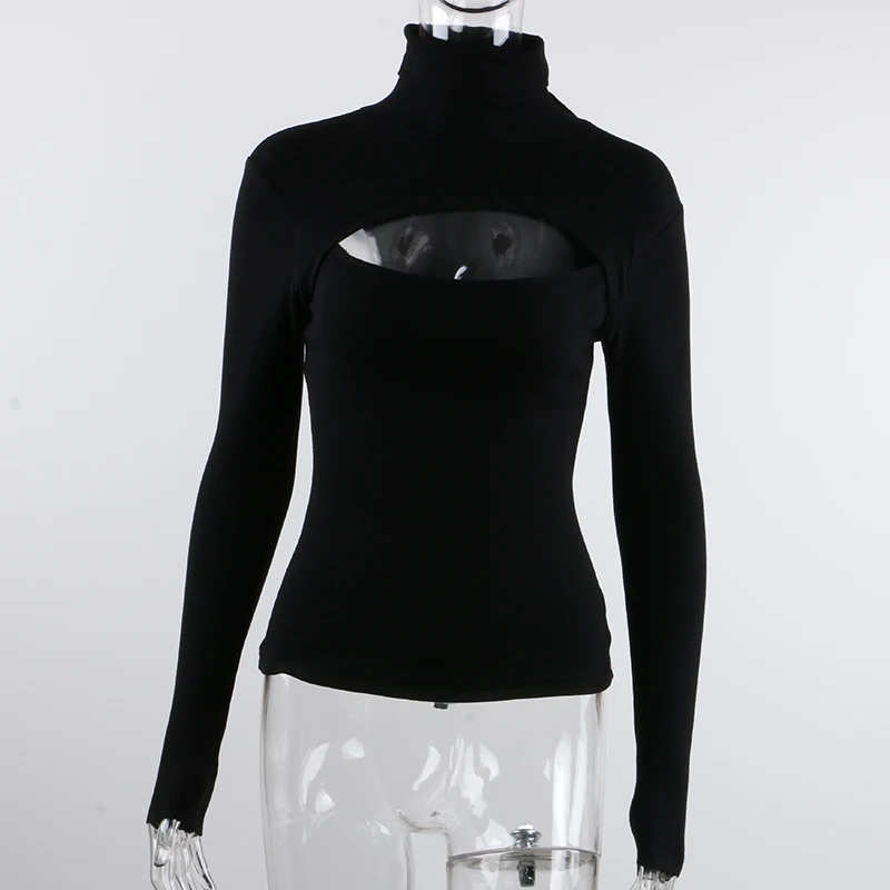 2021 Spring Autumn Sexy Knitted Turtleneck Top Women Hollow Out Casual Long Sleeve T Shirt New Fashion Slim Tops Lady Clothing