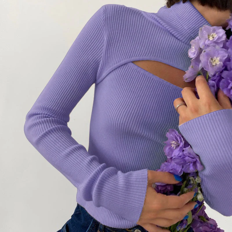 2021 Spring Autumn Sexy Knitted Turtleneck Top Women Hollow Out Casual Long Sleeve T Shirt New Fashion Slim Tops Lady Clothing