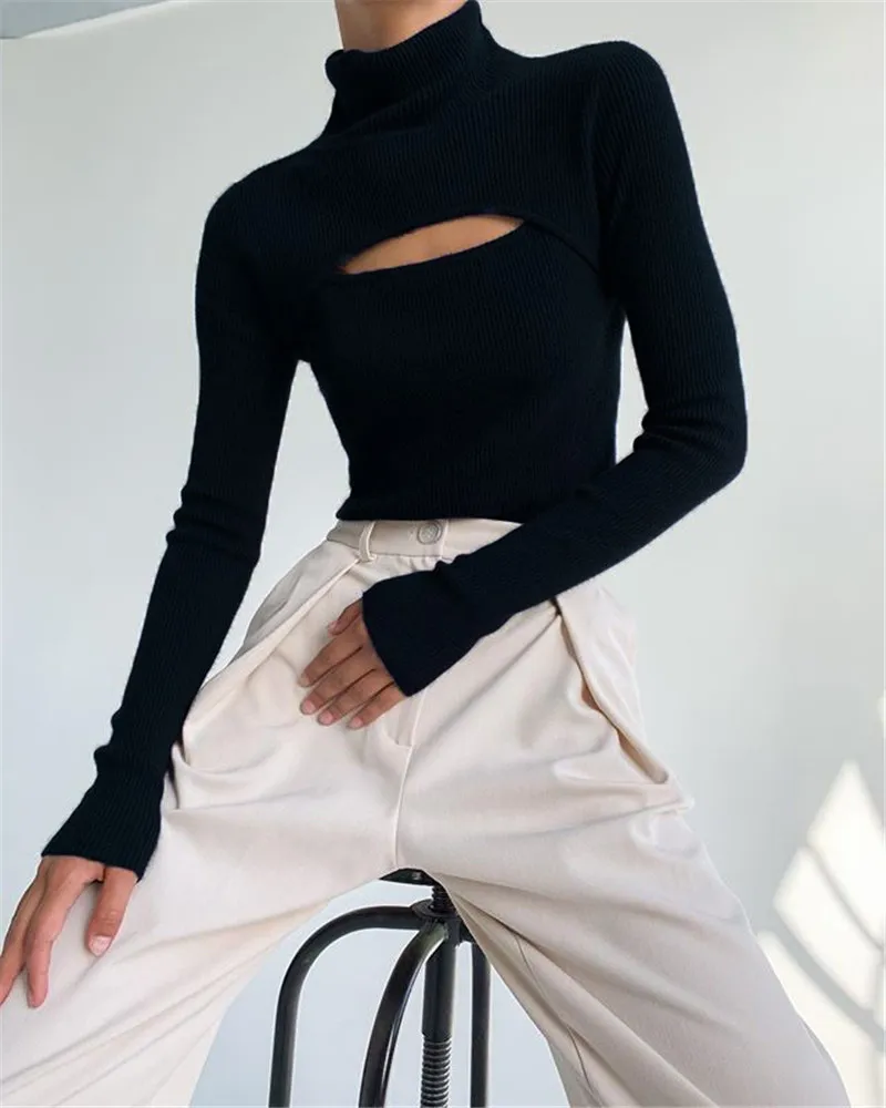 2021 Spring Autumn Sexy Knitted Turtleneck Top Women Hollow Out Casual Long Sleeve T Shirt New Fashion Slim Tops Lady Clothing