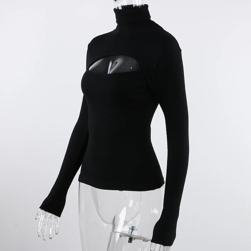 2021 Spring Autumn Sexy Knitted Turtleneck Top Women Hollow Out Casual Long Sleeve T Shirt New Fashion Slim Tops Lady Clothing