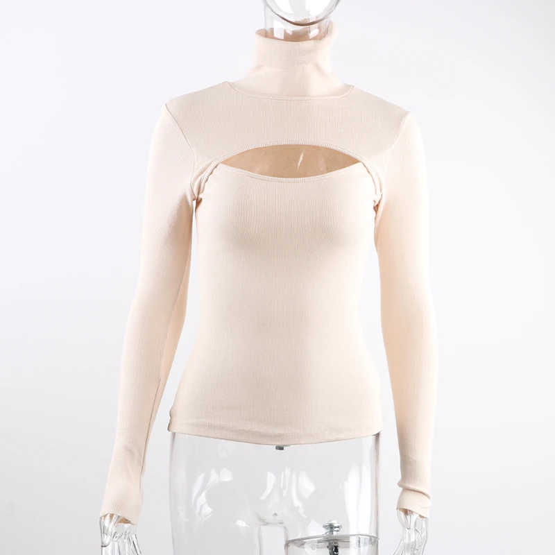 2021 Spring Autumn Sexy Knitted Turtleneck Top Women Hollow Out Casual Long Sleeve T Shirt New Fashion Slim Tops Lady Clothing