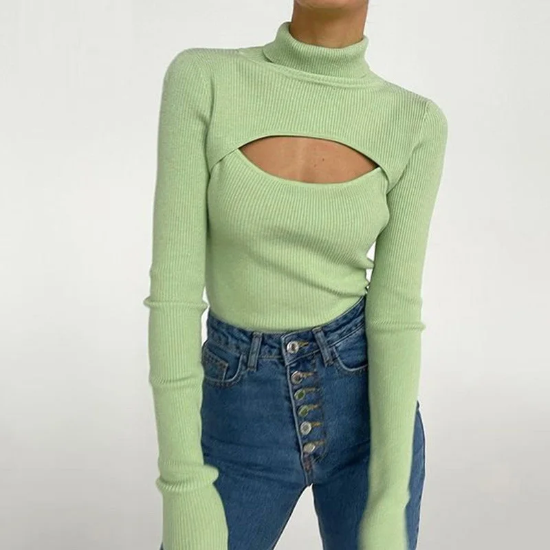 2021 Spring Autumn Sexy Knitted Turtleneck Top Women Hollow Out Casual Long Sleeve T Shirt New Fashion Slim Tops Lady Clothing
