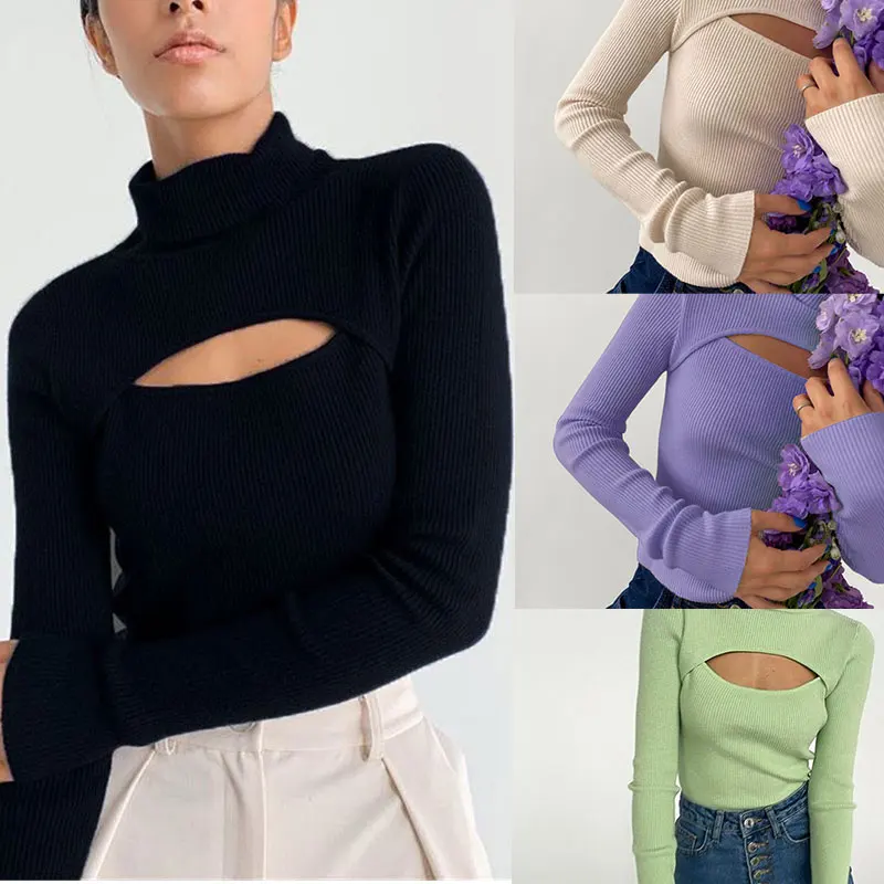 2021 Spring Autumn Sexy Knitted Turtleneck Top Women Hollow Out Casual Long Sleeve T Shirt New Fashion Slim Tops Lady Clothing