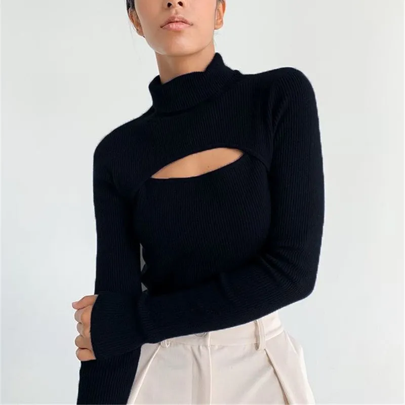 2021 Spring Autumn Sexy Knitted Turtleneck Top Women Hollow Out Casual Long Sleeve T Shirt New Fashion Slim Tops Lady Clothing