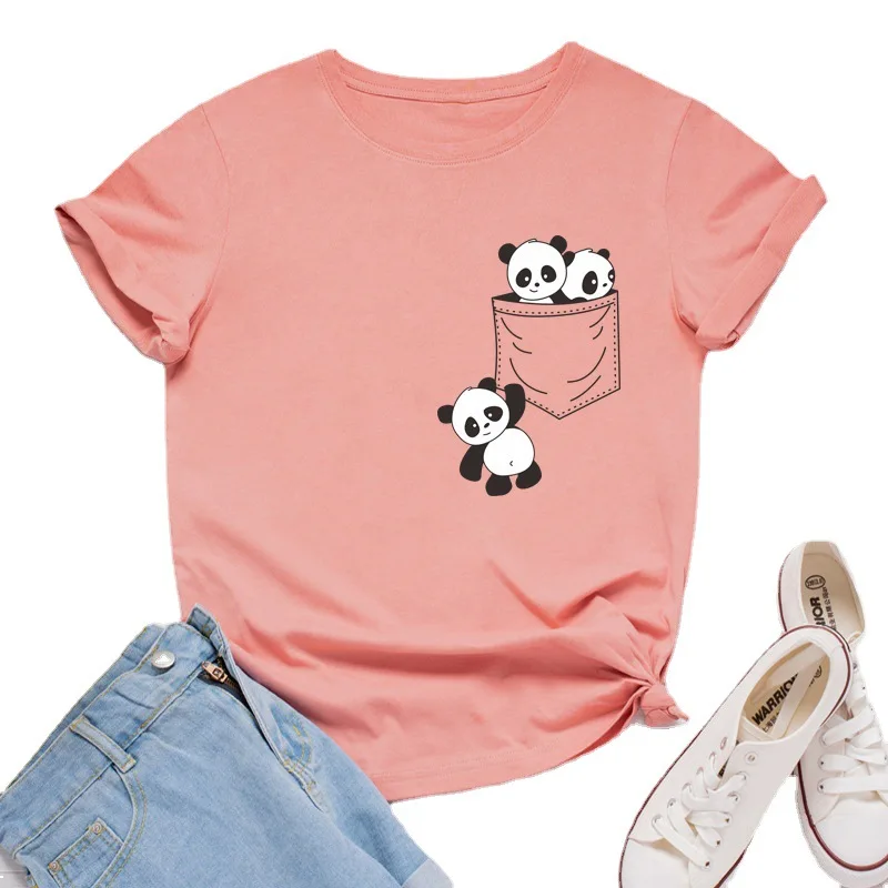 Pocket Panda Print Women T Shirt Short Sleeve O Neck Loose Women Tshirt Ladies Fashion Tee Shirt Tops Clothes Camisetas Mujer