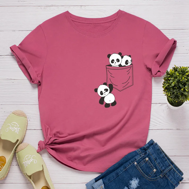 Pocket Panda Print Women T Shirt Short Sleeve O Neck Loose Women Tshirt Ladies Fashion Tee Shirt Tops Clothes Camisetas Mujer