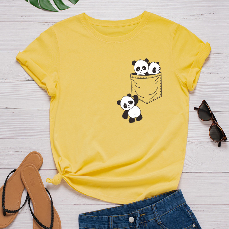 Pocket Panda Print Women T Shirt Short Sleeve O Neck Loose Women Tshirt Ladies Fashion Tee Shirt Tops Clothes Camisetas Mujer