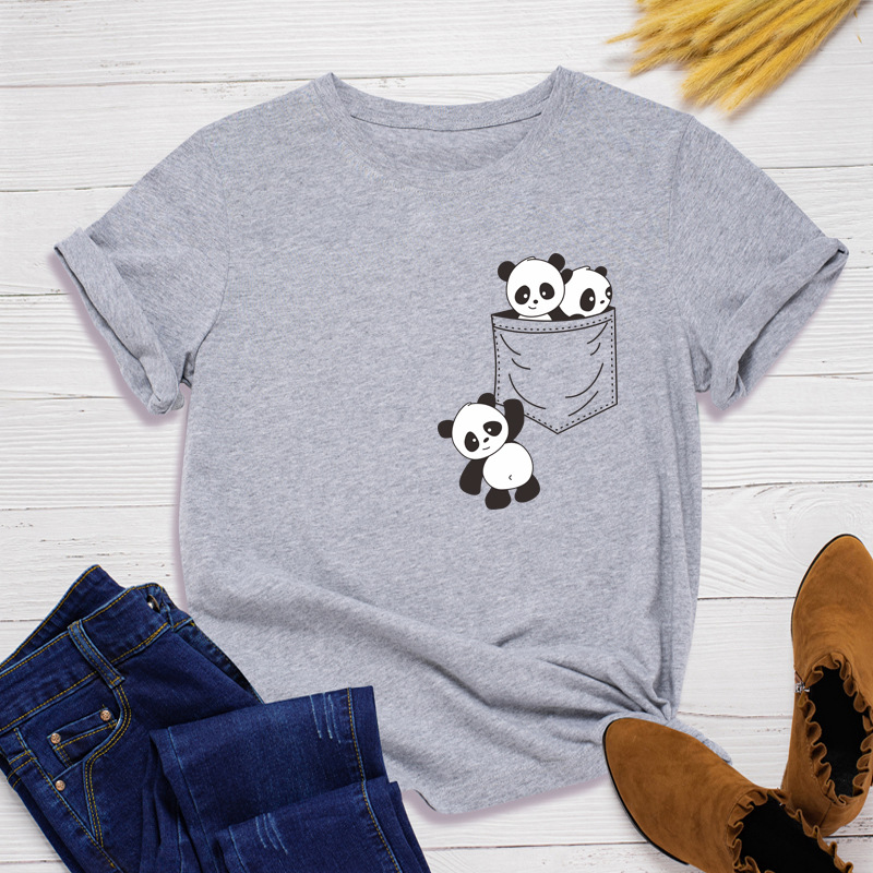 Pocket Panda Print Women T Shirt Short Sleeve O Neck Loose Women Tshirt Ladies Fashion Tee Shirt Tops Clothes Camisetas Mujer