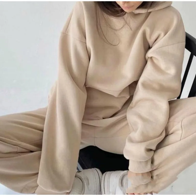 Women's Tracksuit Suit Winter Fashion Warm Hoodie Sweatshirts Two Pieces Oversized Solid Casual Hoody Pullovers Long Pant Sets